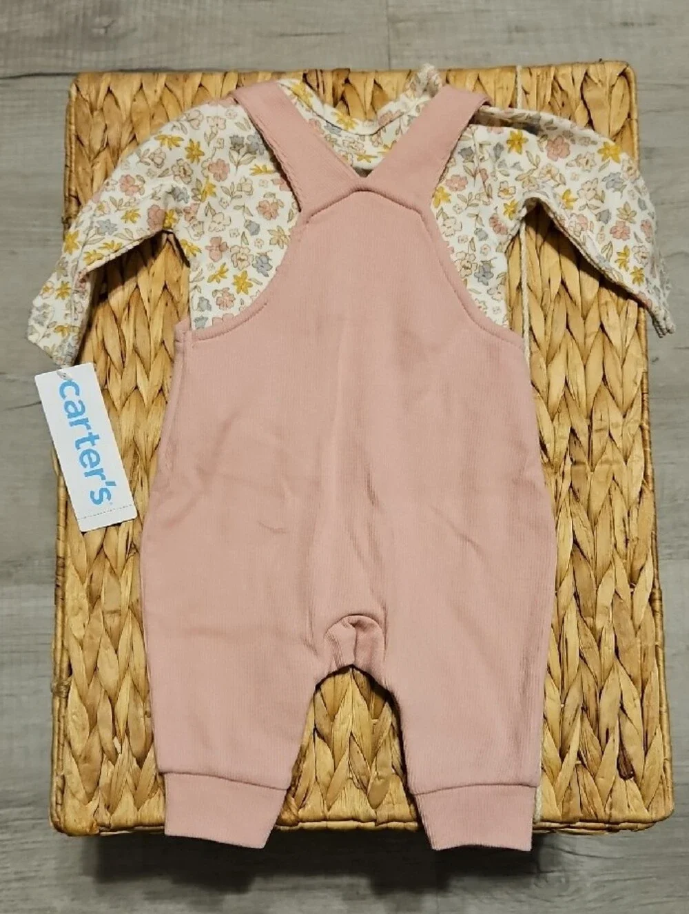 Carter's Dusty Pink Ribbed Overalls with Floral Bodysuit